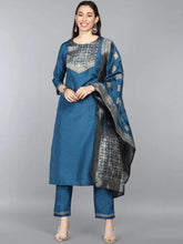 Women Teal Ethnic Motifs Yoke Design Kurta With Trousers With Dupatta